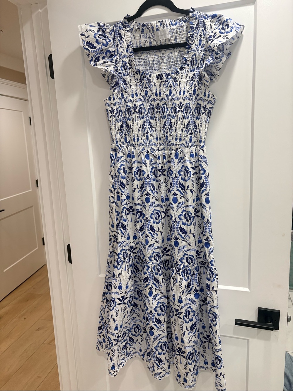 Sugarlips White & Blue Floral Smocked Midi Dress